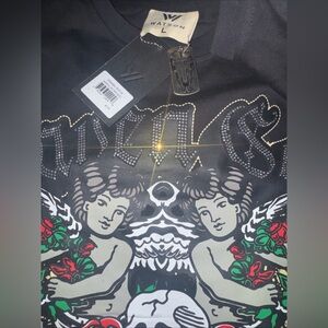 Watson Hell Bent Graphic Angel Print Black Tee with Rhinestone Logo size L